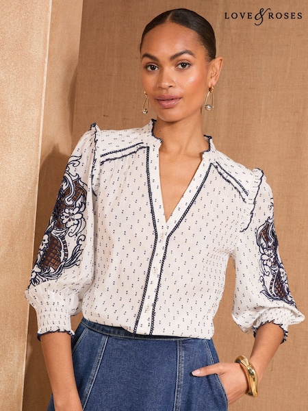 Love & Roses Ivory Pie Crust Detail 3/4 Sleeve Blouse (F01897) | £39