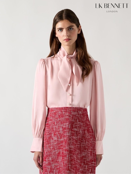LK Bennett Pink Hall Viscose Crepe Tie Neck Blouse (F01905) | £179