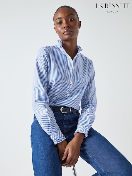 LK Bennett Blue & Navy Emile Poplin Stripe 100% Cotton Shirt (F01906) | £179