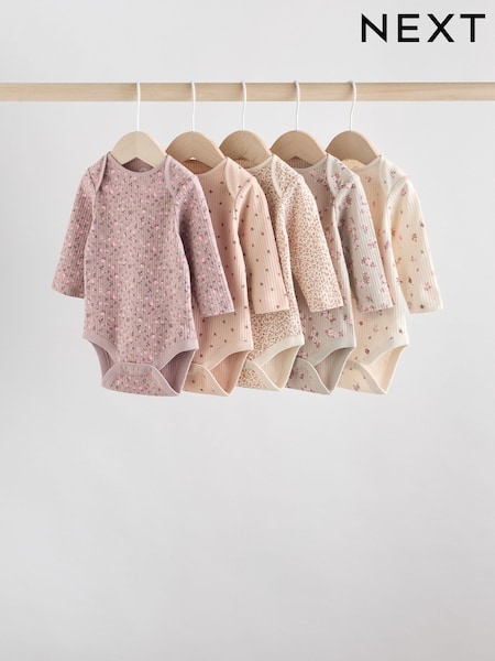 Caramel Brown Ditsy Floral Baby Long Sleeve Bodysuits 5 Pack (F01926) | £18 - £20