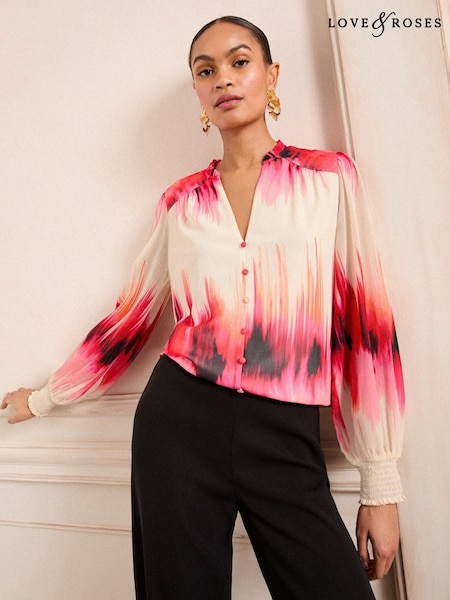 Love & Roses Pink Notch Neck Long Sleeeve Blouse (F01952) | £40