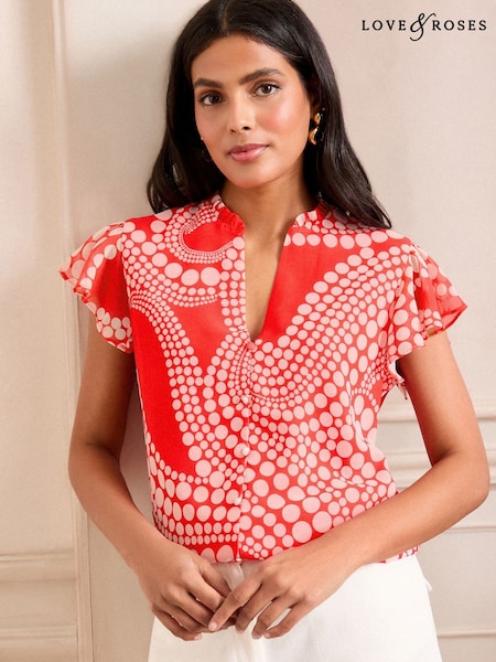 Love & Roses Red Spot Print Flutter Sleeve Printed V-Neck Blouse (F01956) | £40