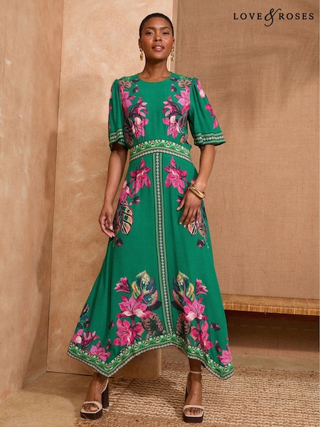 Love & Roses Green Floral Printed Crew Neck Midi Dress (F02246) | £65