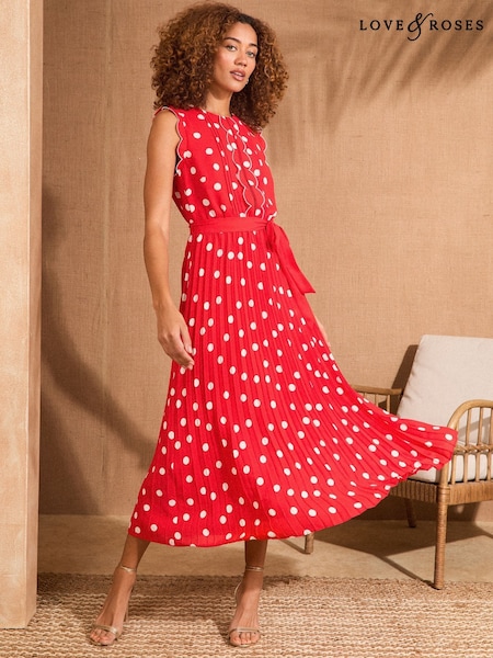 Love & Roses Red Spot Scallop Detail Pleated Midi Dress (F02259) | £68