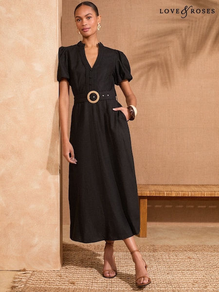 Love & Roses Black Puff Sleeve Midi Dress With Linen (F02263) | £69