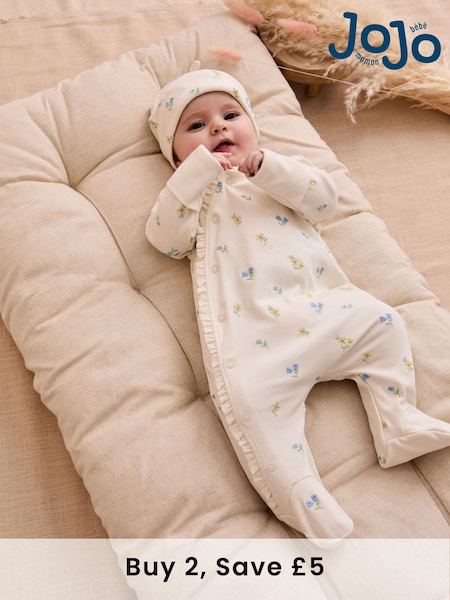 JoJo Maman Bébé Cream 100% Organic Cotton Floral Embroidered Sleepsuit & Hat Set (F02484) | £26