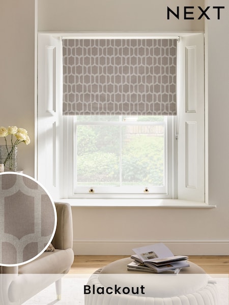Mink Natural Geometric Print Ready Made Blackout Roller Blind (F02505) | £18 - £46