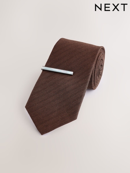 Brown Herringbone Tie with Mother of Pearl Tie Clip (F02662) | £30