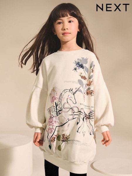 Ecru Unicorn Graphic Jumper Dress (3-16yrs) (F02679) | £15 - £20