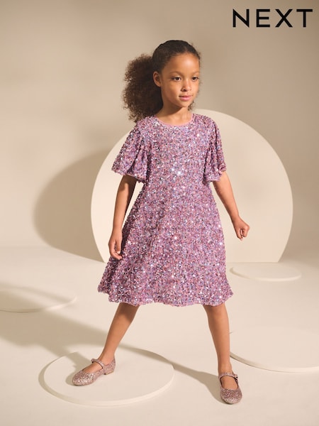 Dusky Pink Angel Sleeve Sequin Party Dress (3-16yrs) (F02706) | £22 - £26