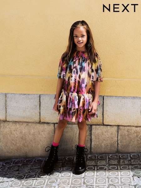 Rainbow Animal Tiered Mesh Dress (3-16yrs) (F02708) | £0