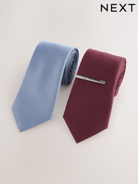 Burgundy and Blue Textured Ties And Clips 2 Pack (F02784) | £26