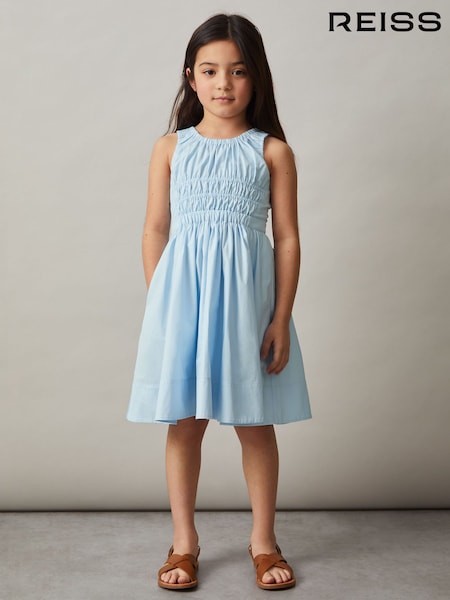 Reiss Blue Anouk Cotton Shirred Sleeveless Dress (F02820) | £60