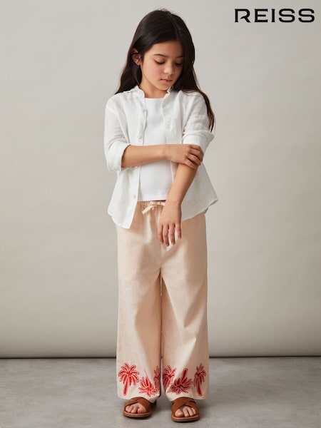 Reiss Stone Cate Cotton Linen Palm Embroidery Trousers (F02828) | £50