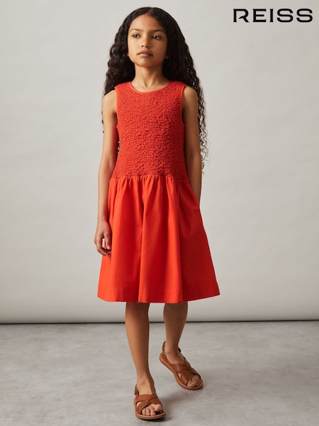 Reiss Red Annabella Cotton Shirred-Bodice Dress (F02842) | £58