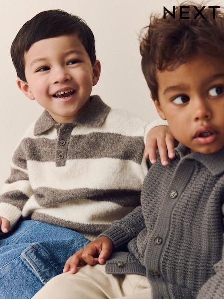 Grey/Brown Stripe Knitted Rugby Polo Shirt (3mths-7yrs) (F02901) | £13 - £15