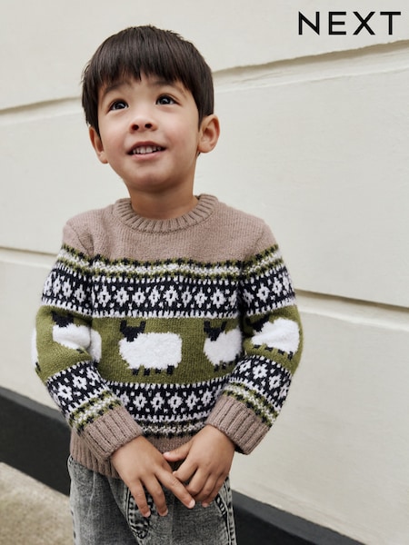 Brown Sheep Fairisle Pattern Knitted Crew Neck Jumper (3mths-7yrs) (F02925) | £16 - £18