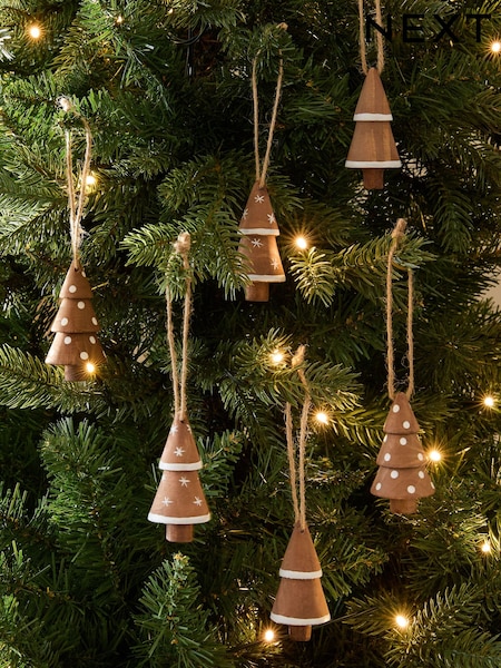 6 Pack Brown Wooden Tree Christmas Baubles (F03043) | £15