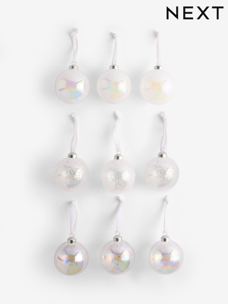 Set of 9 White Luxe Glass Christmas Baubles (F03045) | £28