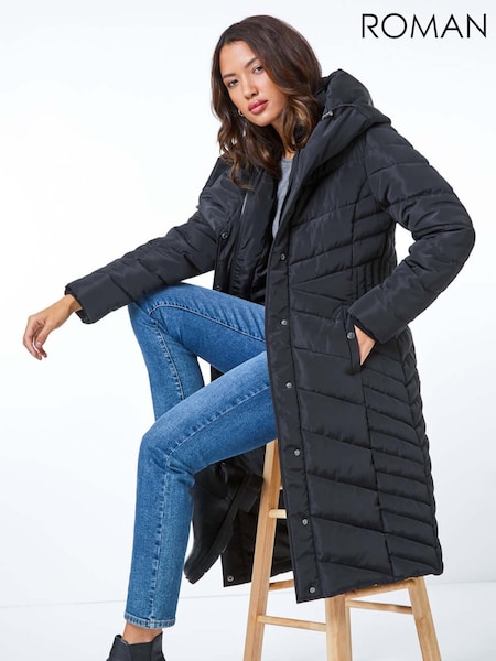 Roman Black Hooded Quilted Coat (F03178) | £130