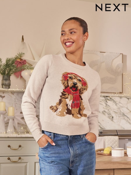 Cream Tartan Dog Graphic Christmas Jumper (F03200) | £35