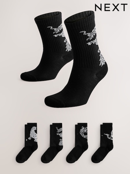 Black Japanese Animal Pattern Sports Socks 4 Pack (F03247) | £15