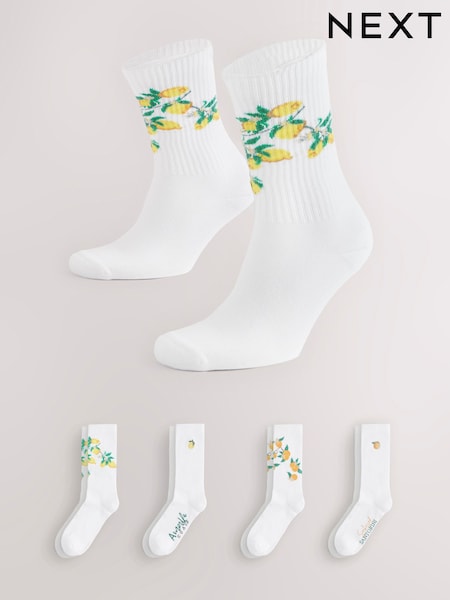 White Fruit Pattern Embroidered Sports Socks 4 Pack (F03248) | £15