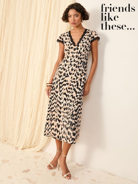 Friends Like These Brown Animal Print Textured V-Neck Lace Trim Midi Dress (F03387) | £42