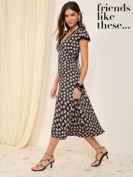 Friends Like These Black Ditsy Textured V-Neck Lace Trim Midi Dress (F03388) | £42