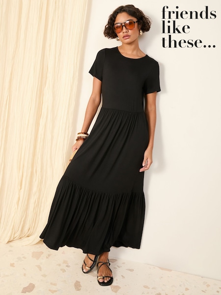 Friends Like These Black Short Sleeve Smock Tiered Maxi Dress (F03399) | £39