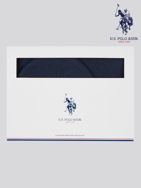 U.S. Polo Assn. Blue Winter Mens Luxury Rib Knit Beanie And Scarf Box Set (F03462) | £50