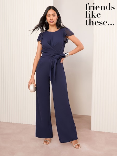 Friends Like These Navy Blue Chiffon Scuba Wrap Front Jumpsuit (F03464) | £55