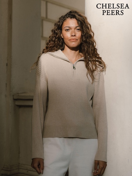 Chelsea Peers Nude Ribbed Knit Quarter Zip Funnel Sweatshirt (F03541) | £65