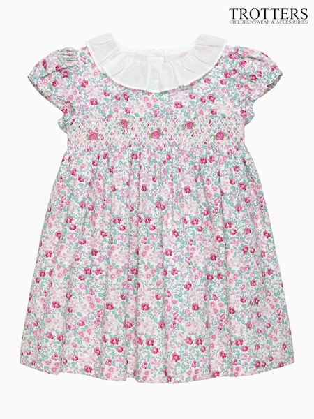Trotters London Little Pink Floral Catherine Smocked 100% Cotton Dress (F03642) | £62