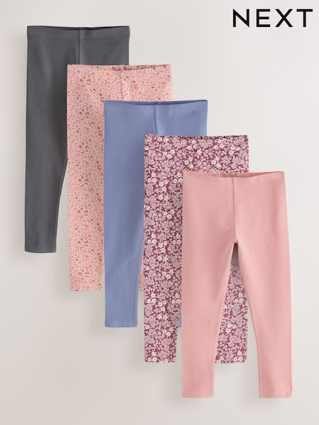 Pink and Navy Floral Leggings 5 Pack (3-16yrs) (F03793) | £20 - £28