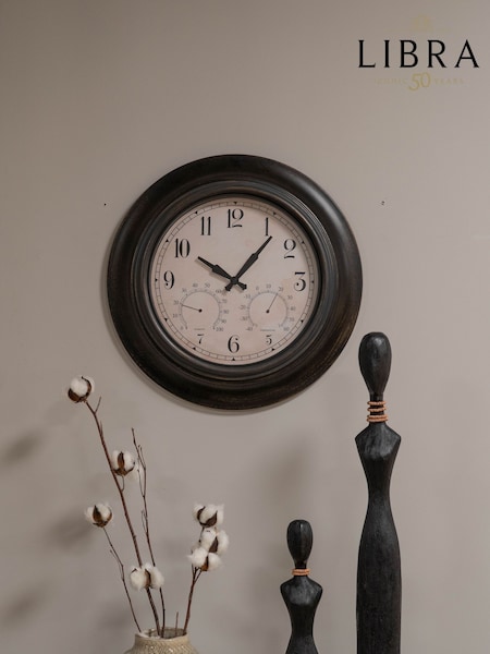 Libra Interiors Antique Black Outdoor Metal Clock with Temperature and Humidity (F03878) | £100