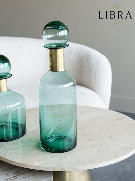 Libra Interiors Teal Jorum Collection Glass Bottle Tall with Lid Brass Detail (F03901) | £75