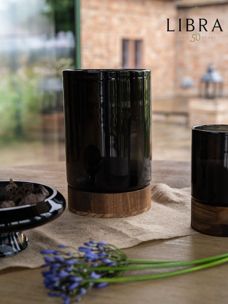 Libra Interiors Black Noir Glass Votive Vase with Wooden Base 31.5cm (F03917) | £75