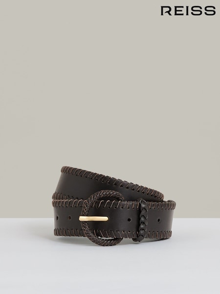 Reiss Chocolate Gia Leather Whipstitch Belt (F04008) | £98