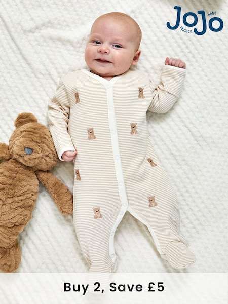 JoJo Maman Bébé Natural 100% Organic Cotton Bear Embroidered Sleepsuit (F04155) | £21
