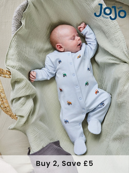 JoJo Maman Bébé Blue 100% Organic Cotton Tractor Embroidered Sleepsuit (F04156) | £21