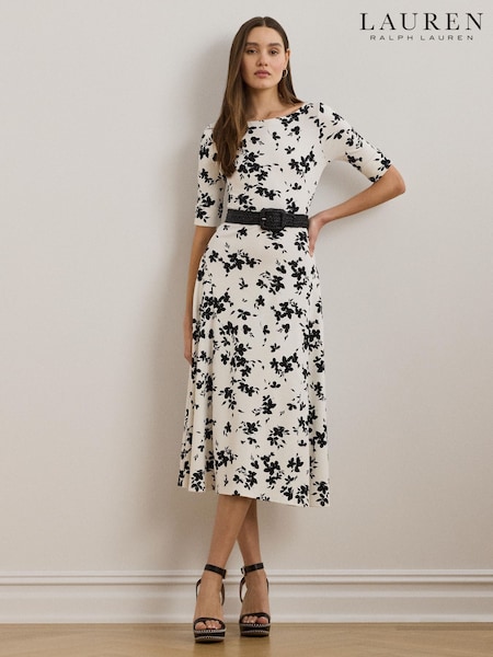 Lauren Ralph Lauren White Munzie Monochrome Florals Stretch Jersey Midi Dress (F04221) | £159