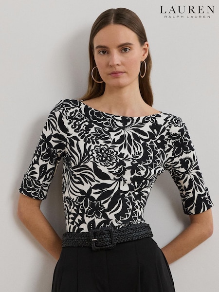 Lauren Ralph Lauren Black Judy Printed Boatneck Stretch Jersey T-Shirt (F04244) | £69