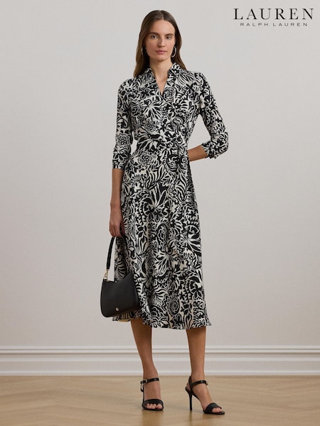 Lauren Ralph Lauren Black Rowella Print Belted Collared Dress (F04285) | £279