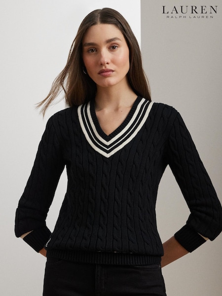 Lauren Ralph Lauren Meren V-Neck Cricket Logo Cable Knit Jumper (F04295) | £189