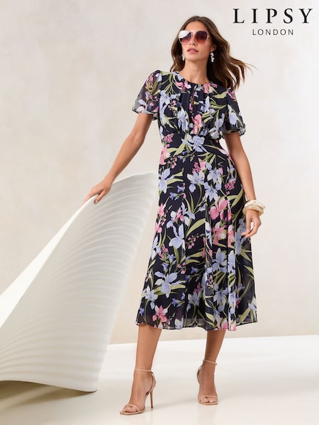 Lipsy Navy Floral Petite Short Sleeve Gathered Waist Underbust Midi Dress (F04342) | £72