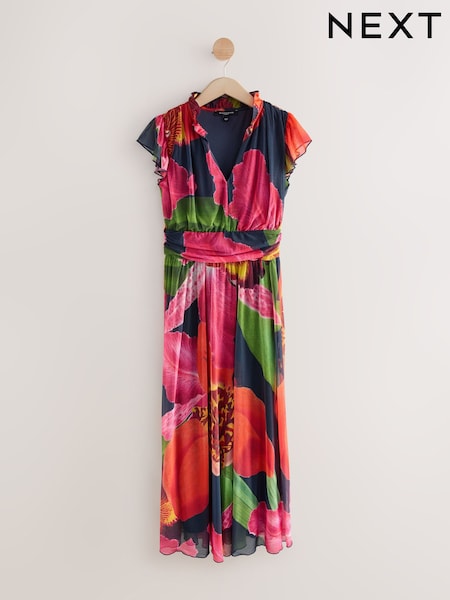 Navy Floral Pleated Mesh Print V-Neck Occasion Midi Dress (F04405) | £82
