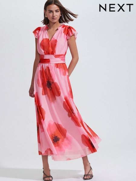 Red/Pink Floral Pleated Mesh Print V-Neck Occasion Midi Dress (F04410) | £69