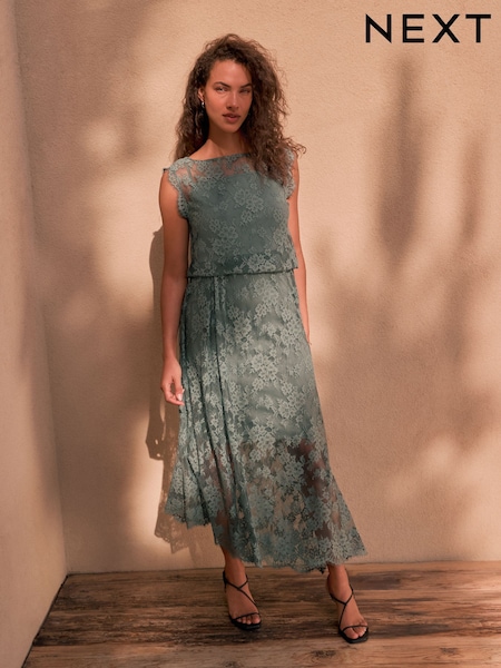 Dusty Blue Occaison Lace-Embellished Draped Maxi Dress (F04413) | £82