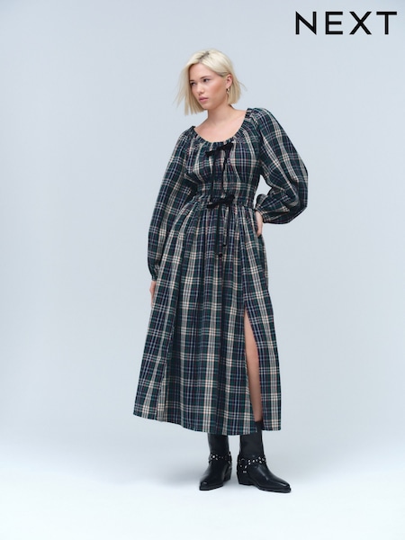 Khaki Green Check Long Sleeve Bow Front Midi Dress (F04415) | £52